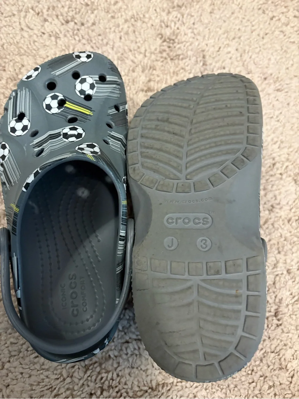 CROCS Kids Gray Soccer Print Clogs with Yellow Accents